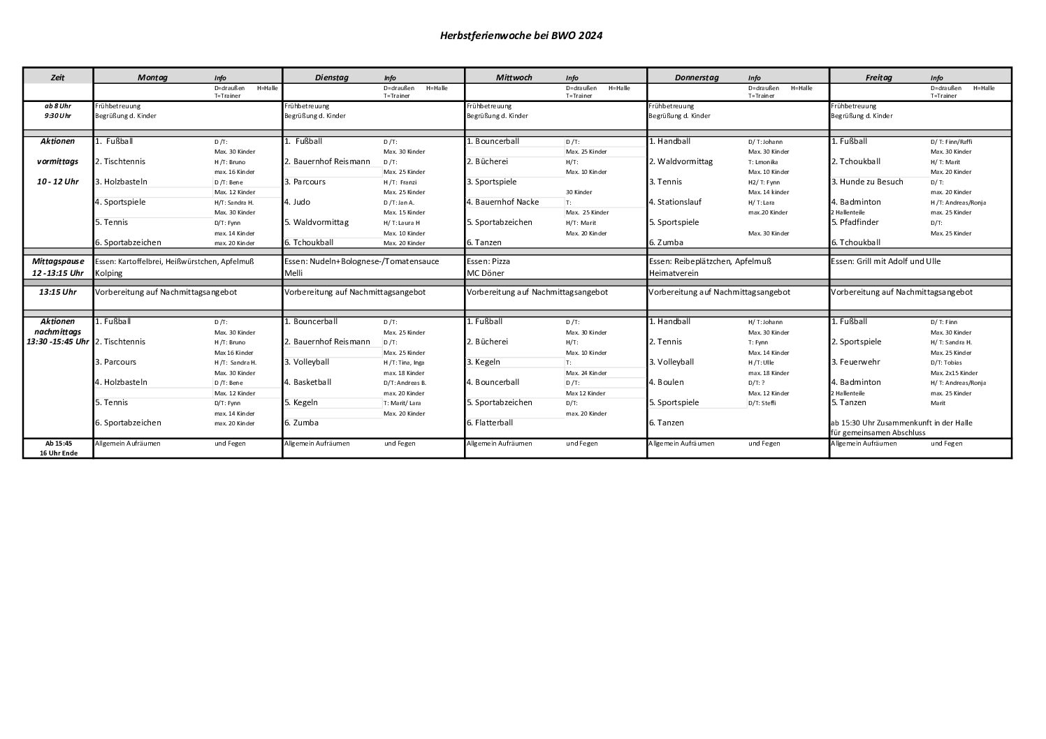 Wochenplan der Herbstferienwoche 2024